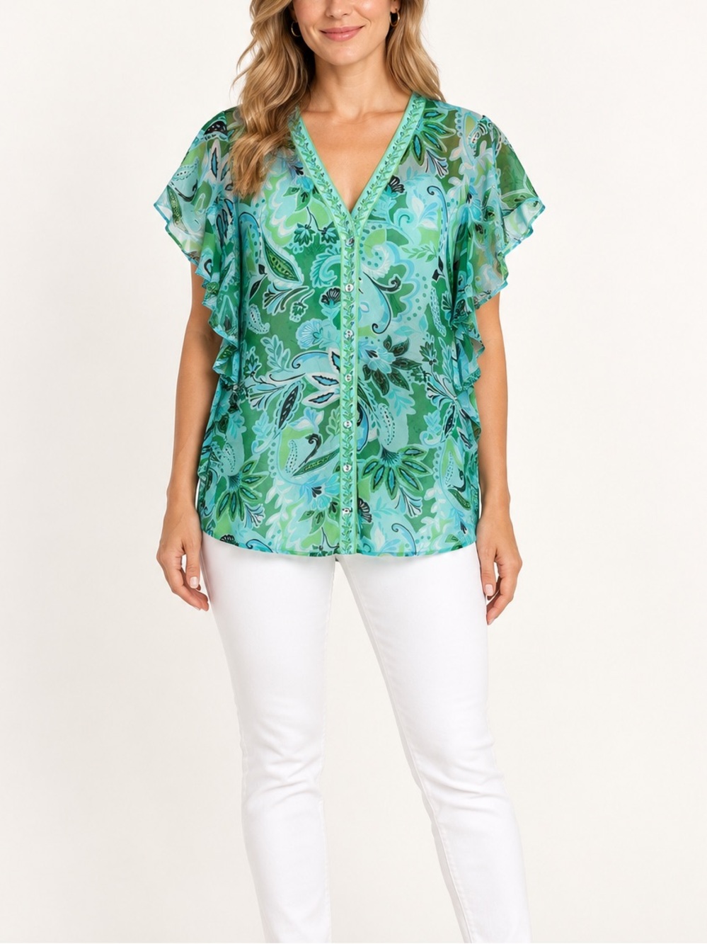 Hale Bob Green Floral Paisley Flutter Sleeve Button Front Blouse Size L
